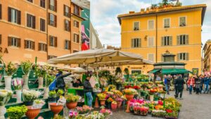 Bancarelle alimentari a Campo de’ Fiori a Roma
