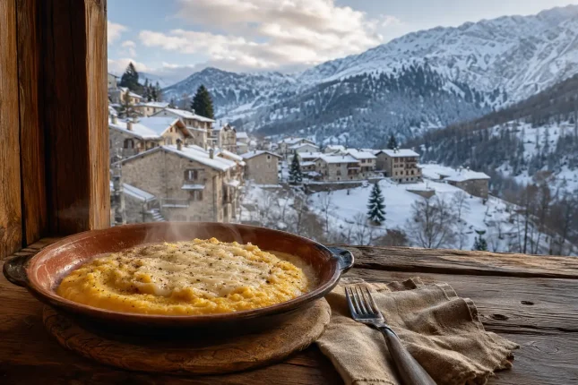 Piatto di polenta con formaggio davanti a un borgo italiano innevato